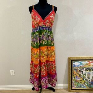 Ellen Parker Colorful Boho Sleeveless Maxi Dress, Size Large, 100% Cotton
